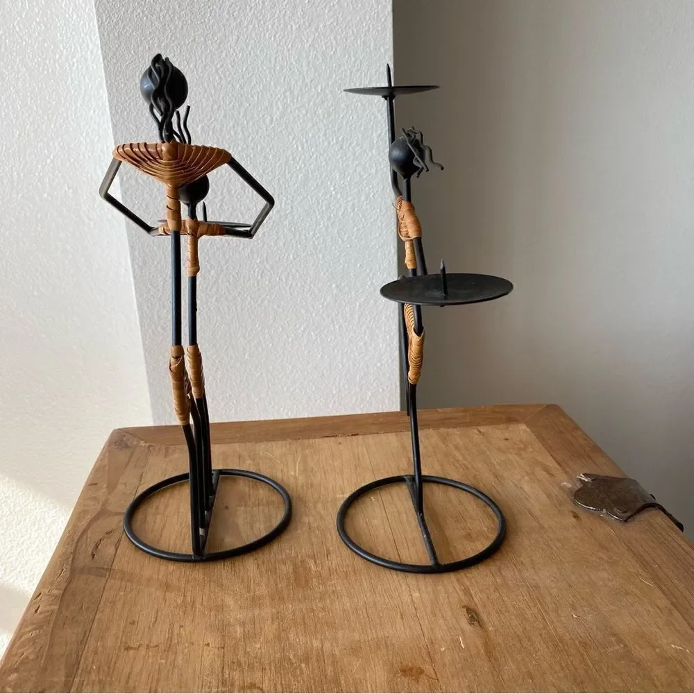 Vintage Black Metal and Rattan Candle Holders Set of Two